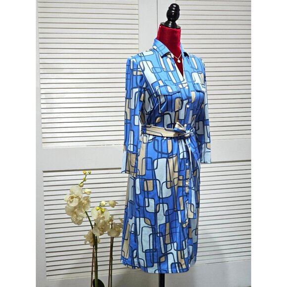 J. McLaughlin Women's Blue / Beige Geometric Pattern Button-Front Dress Sz S 204 - Picture 2 of 12
